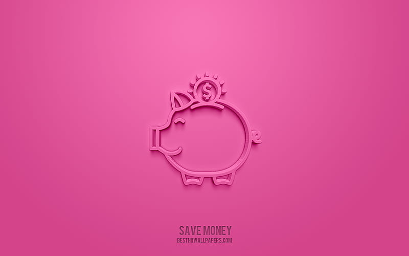 Save Money 3d icon, pink background, 3d symbols, Save Money, Finance icons, 3d icons, Save Money sign, Finance 3d icons, piggy bank 3d icon, pig 3d icon, HD wallpaper