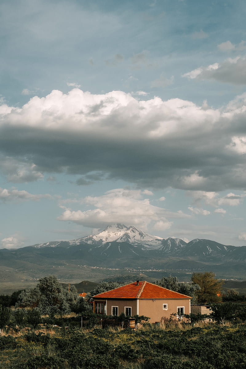 house, mountains, clouds, landscape, country, HD phone wallpaper