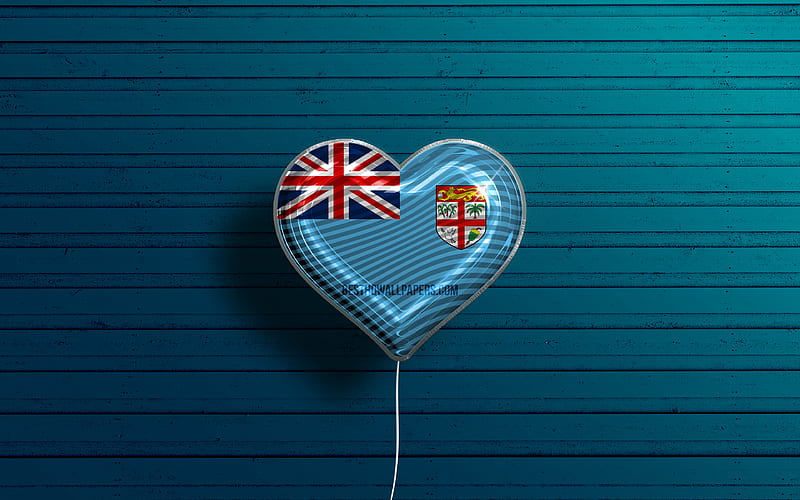 I Love Fiji realistic balloons, blue wooden background, Oceanian countries, Fiji flag heart, favorite countries, flag of Fiji, balloon with flag, Fiji flag, Oceania, Love Fiji, HD wallpaper