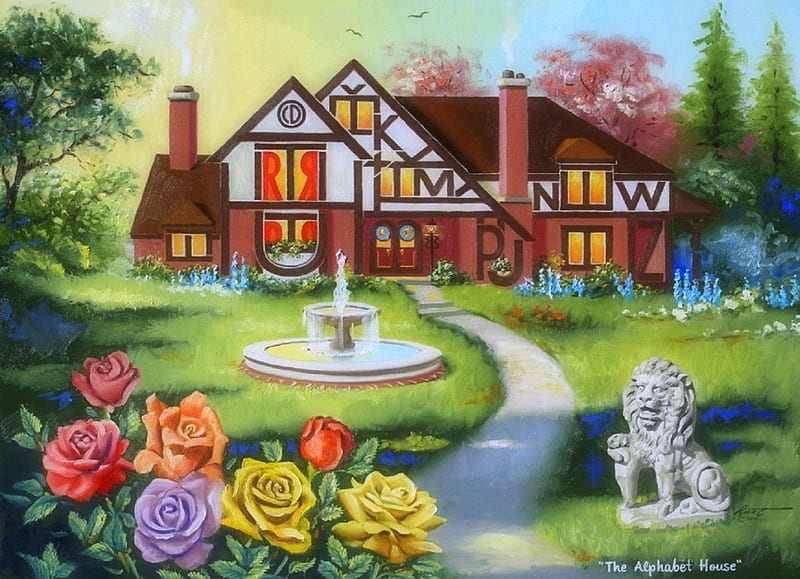 The Alphabet House, fountain, lovely, hourses, colors, love four seasons, bonito, spring, roses, trees, paintings, flowers, nature, HD wallpaper