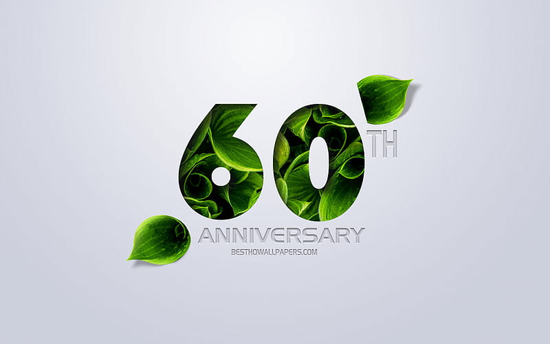 60th Anniversary sign, creative art, 60 Anniversary, green leaves, greeting card, 60 Years symbol, eco concepts, 60th Anniversary, HD wallpaper