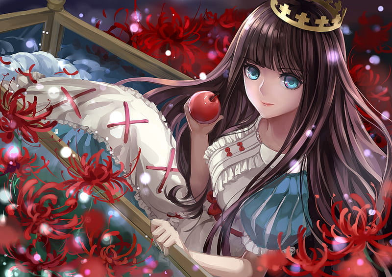Snow White, apple, red, manga, spider lily, fruit, girl, anime, flower, HD wallpaper