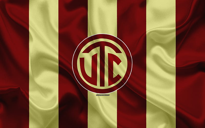 UTC Cajamarca FC logo, silk texture, Peruvian football club, burgundy yellow flag, Peruvian Primera Division, Cajamarca, Peru, football, Universidad Tecnica de Cajamarca, HD wallpaper