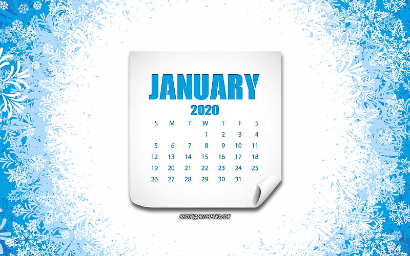 January 2020 Calendar, blue winter background, snowflakes, 2020 calendars, January, winter art, 2020 January calendar, HD wallpaper