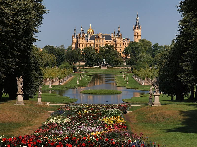 Architecture, Flower, Park, Statue, Germany, , Castle, Schwerin Palace, Palaces, HD wallpaper