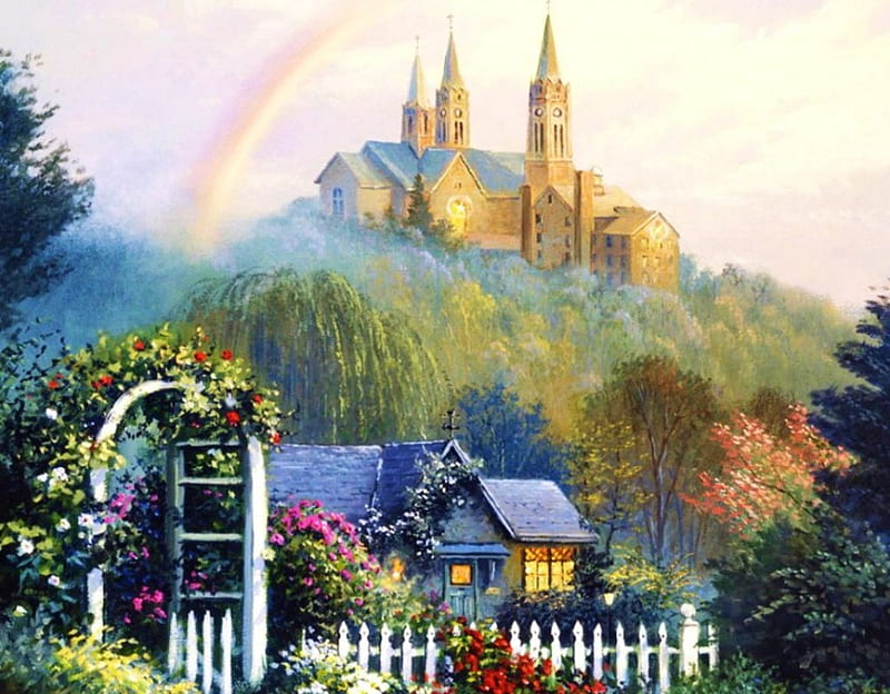 Rainbow Over The Church, fence, cottage, painting, flowers, hill, artwork, churchhill, HD wallpaper