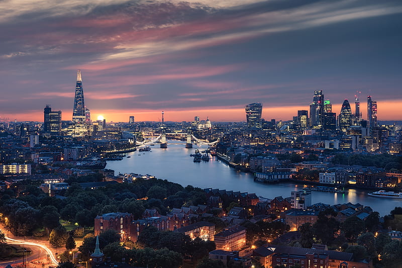 Cities, Sunset, Night, London, City, Skyscraper, Building, Cityscape, River, England, Thames, Tower Bridge, Man Made, HD wallpaper