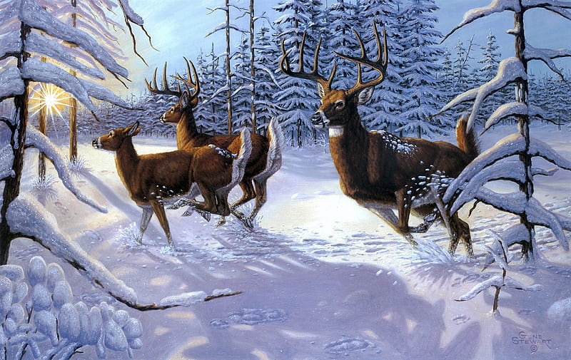 Running deers, art, running, caprioare, pictura, deer, winter, iarna, blue, painting, HD wallpaper