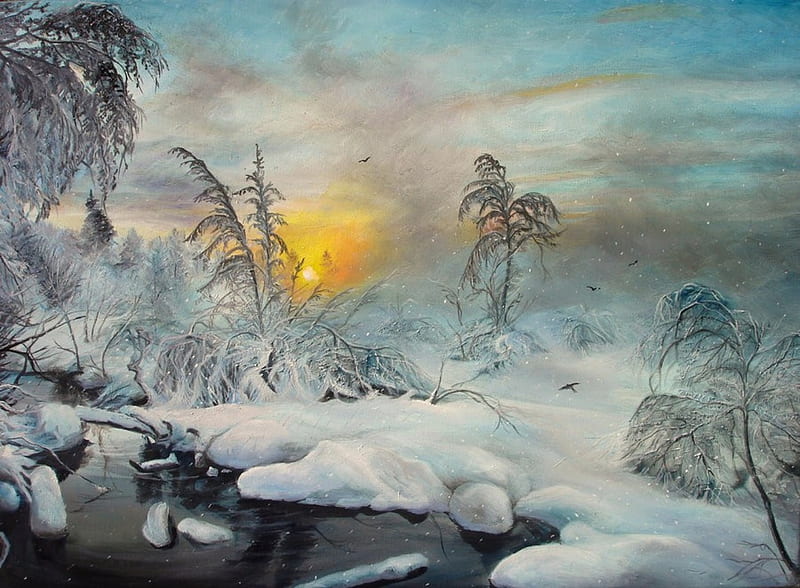 SNOWSTORM, sun, snow, birds, creek, trees, sky, storm, HD wallpaper