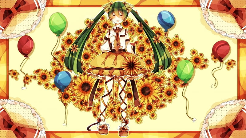 Adorned In Sunflowers, vocaloid, ponytails, sunflowers, hatsune miku, anime, balloons, long hair, HD wallpaper