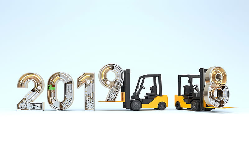 2019 3D digits, Business 2019 concept, cargo loaders, white digits, Happy New Year 2019, 2019 concepts, 2019 on blue background, 2019 year digits, HD wallpaper