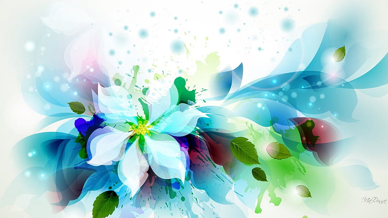Flower Leaf Exposed, paint, splatter, colors, spring, abstract, cyan, turquoise, leaves, summer, aqua, flowers, watercolor, HD wallpaper
