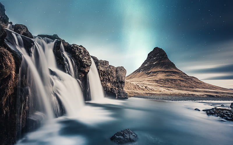 Kirkjufell Mount, waterfalls, night, Icelandic landmarks, mountains, Europe, Kirkjufell, Iceland, HD wallpaper