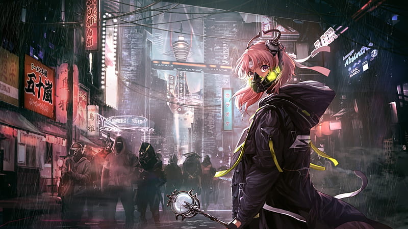 anime girl, post-apocalyptic, mask, night, skyscrapers, hoodie, sci-fi, Anime, HD wallpaper