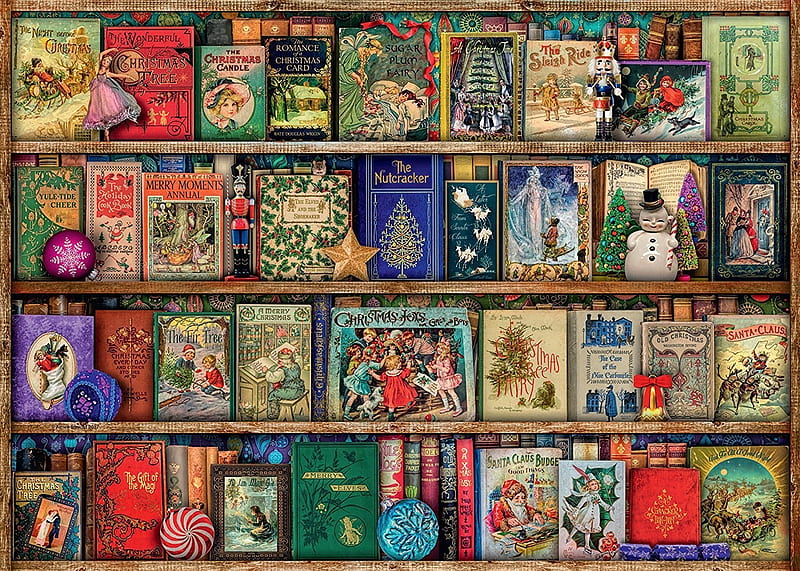 Christmas library, shelves, book, christmas, library, craciun, HD wallpaper