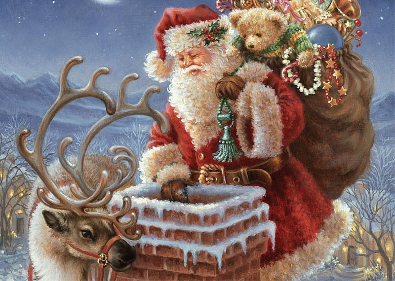 Santa, red, art, roof, craciun, christmas, toy, gift, fantasy, painting, reindeer, pictura, HD wallpaper