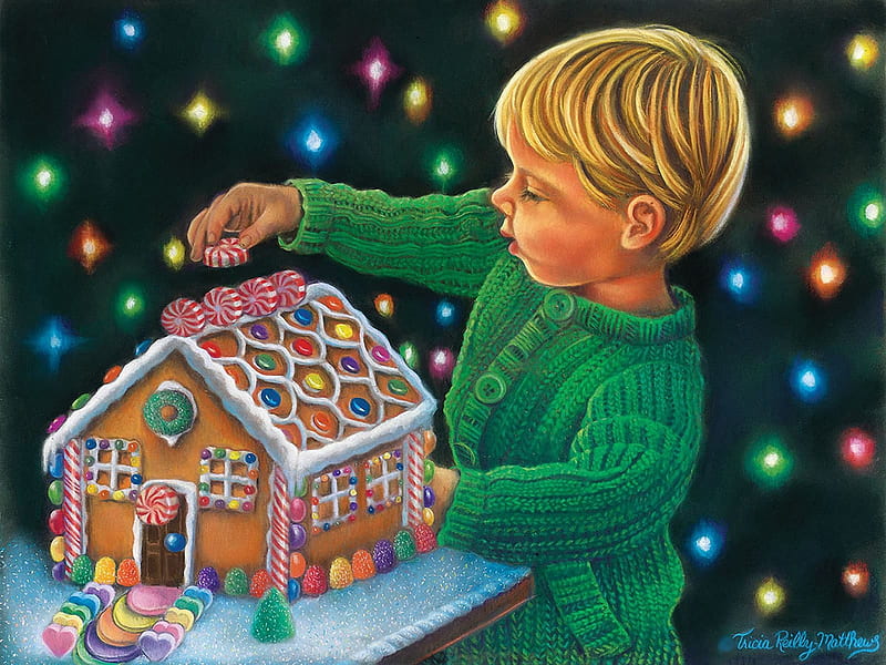 Up on the roof, boy, house, gingerbread, christmas, painting, child, artwork, lights, HD wallpaper