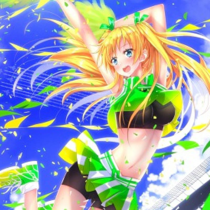 We are One, pretty, blond, cg, cheerleader, yellow, adorable, sweet, pompom, nice, green, anime, anime girl, long hair, jump, wesome, female, cloud, lovely, skirt, black, blonde, blonde hair, cheer, sky, blond hair, happy, kawaii, girl, awesome, scene, HD wallpaper