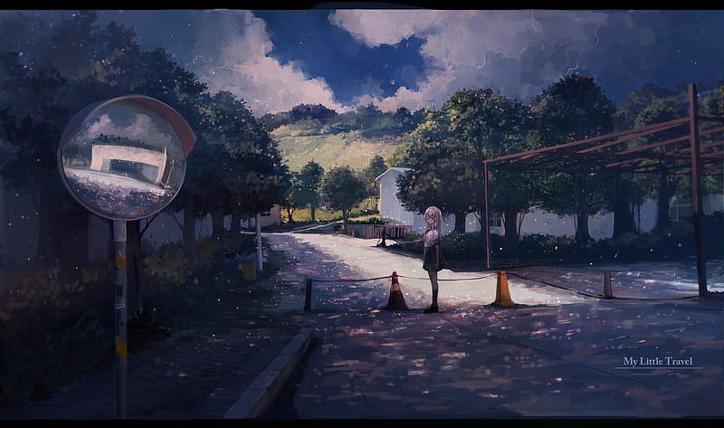 anime street, reflection, girl, school uniform, scenic, landscape, clouds, Anime, HD wallpaper