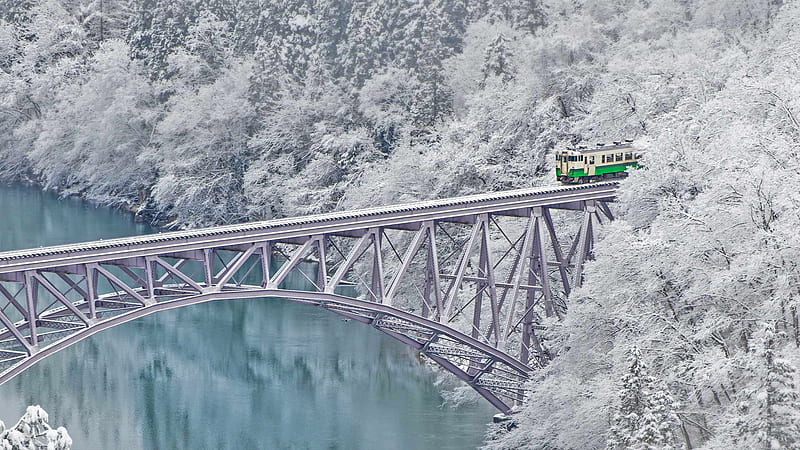 japan, shazam, winter, water, train, bridge, piesaj, white, blue, HD wallpaper