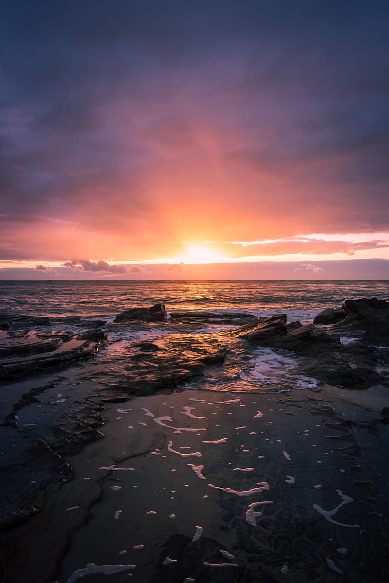sunset, horizon, rock, sea, landscape, HD phone wallpaper