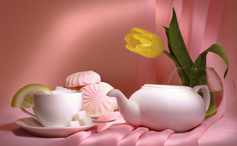 Invitation to tea , food, yellow, vase, tea, lemon, dessert, fruit, cookie, green, cup, white, pink, HD wallpaper