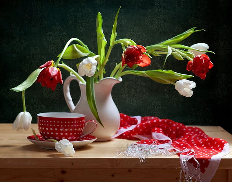 Spring Blossoms, red, vase, cup, petals, tulips, white, porcelain, HD wallpaper