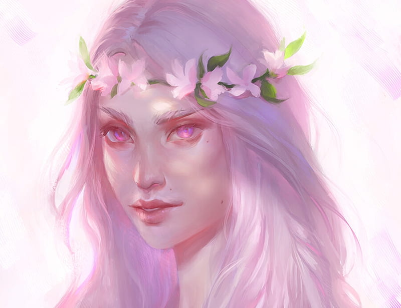 Girl, fantasy, luminos, face, pink, aeli v, art, wreath, amethyst eyes, flower, HD wallpaper