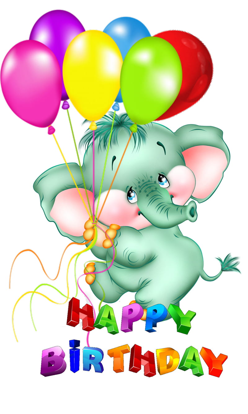 happy birtay, balloon, cartoon, elephant, HD phone wallpaper
