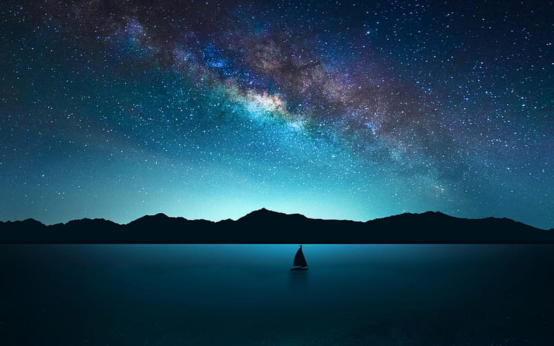 solitary sailboat under stary night, stars, boat, sky, lake, night, HD wallpaper