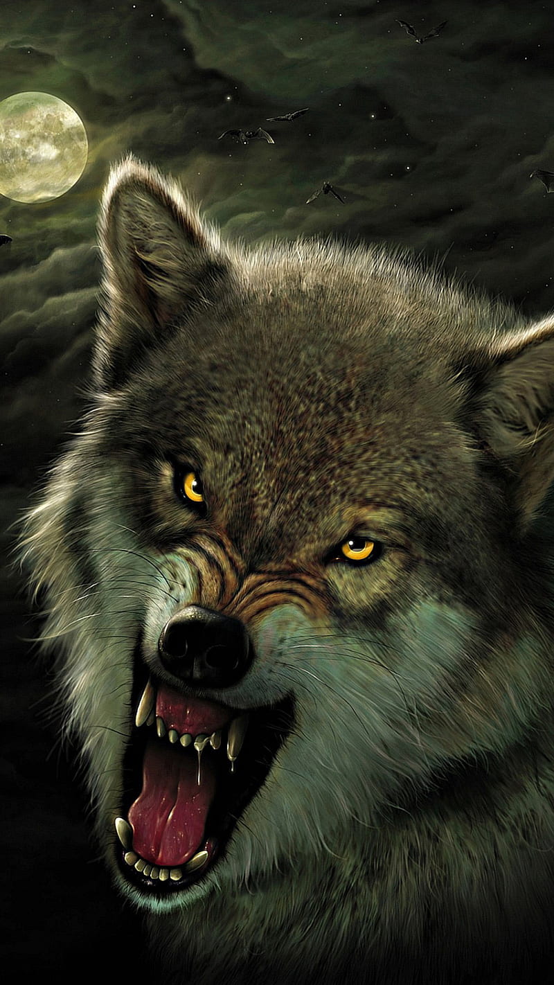 Werewolf, angry, animal, face, moon, night, teeth, wolf, HD phone wallpaper