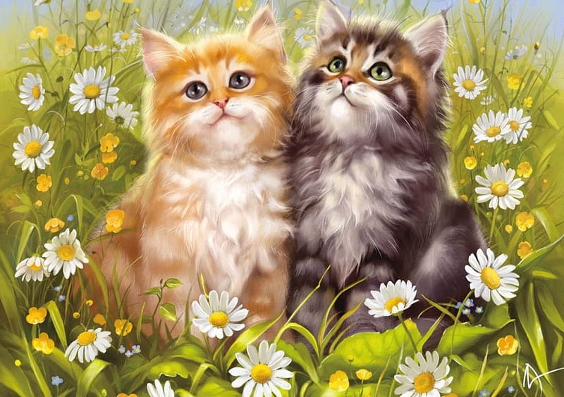 Young Kittens, flowers, paint, cats, animals, HD wallpaper