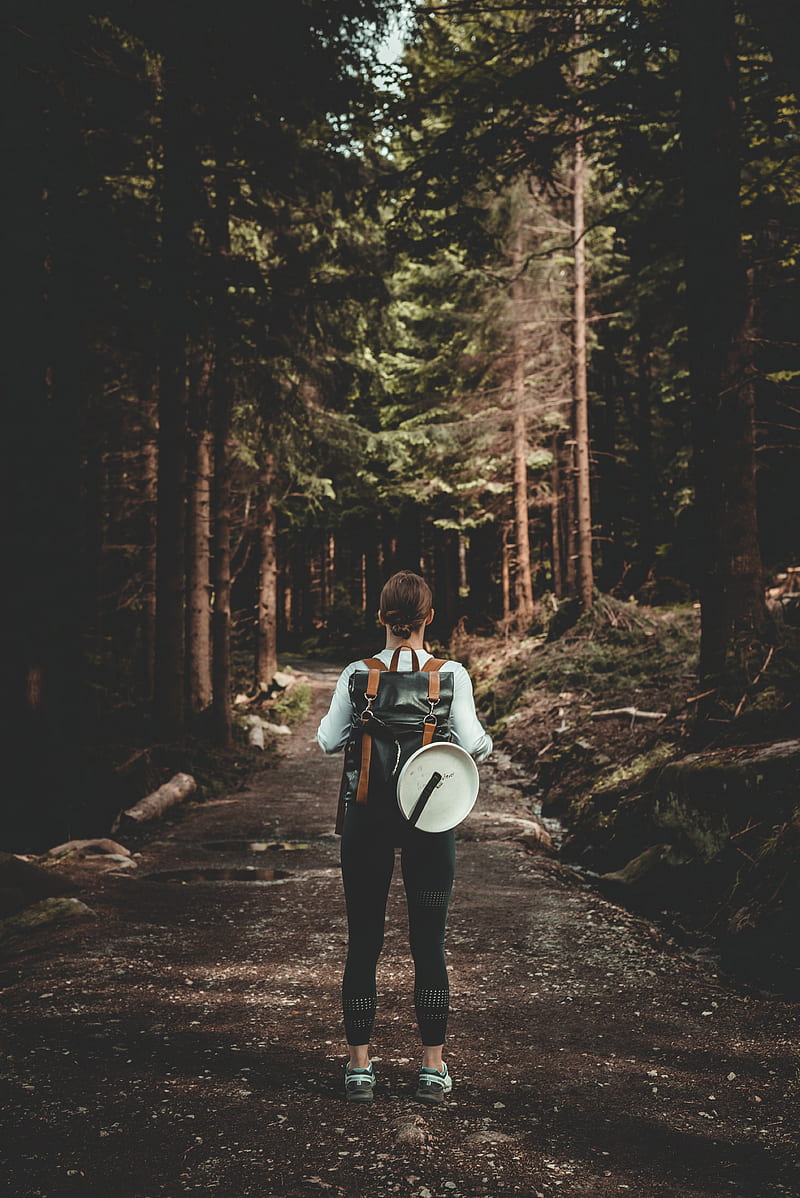 girl, backpack, back, path, forest, HD phone wallpaper
