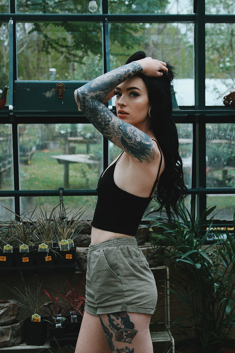 tattoo, black hair, women outdoors, looking at viewer, long hair, hands in hair, HD phone wallpaper