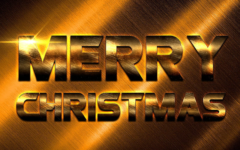 Merry Christmas, Art, golden inscription, New Year, Christmas, golden iron background, gold steel letters, HD wallpaper