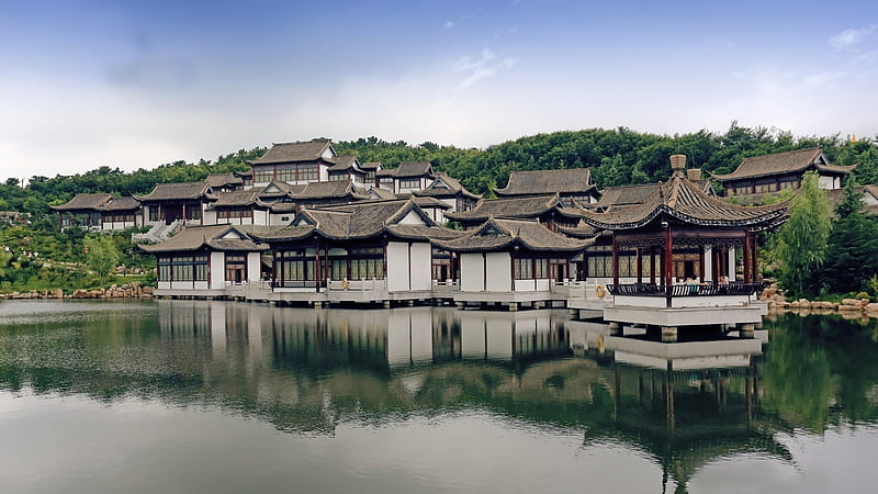 Chinese Houses and Temple by the Lake, Temple, Chinese, Building, Religious, Houses, Lake, HD wallpaper