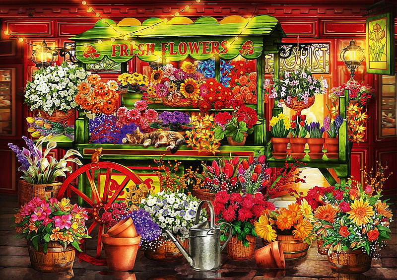 Flower market stall, art, pots, lamps, digital, colors, flowers, blossoms, HD wallpaper