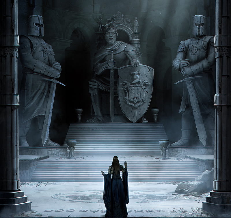 The last of the kings, fantasy, luminos, statue, throne, vladimir manyukhin, princess, king, art, shield, girl, HD wallpaper