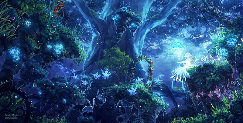 Magical forest, forest, luminos, manga, tree, fantasy, girl, anime, magical, white, fairy, blue, HD wallpaper
