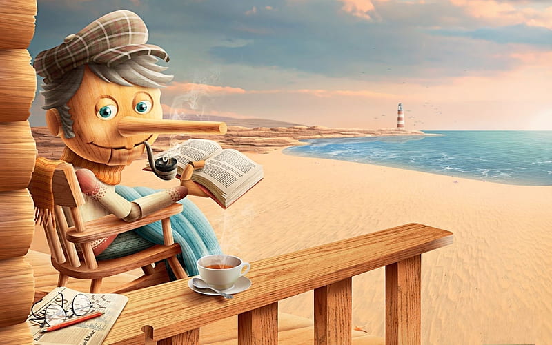 Pinocchio, beach, fantasy, water, vara, luminos, summer, creative, sea, HD wallpaper