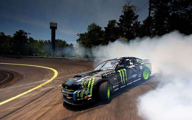 Ford Monster Drifting Smoke, drifting-cars, carros, drift, tires, smoke, ford, mustang, HD wallpaper