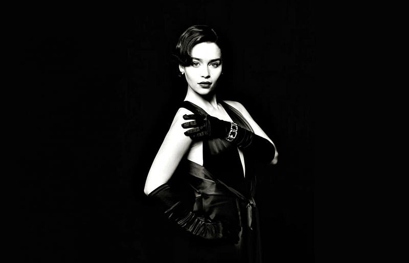 Emilia Clarke, dress, black, woman, elegant, gloves, girl, actress, beauty, white, HD wallpaper