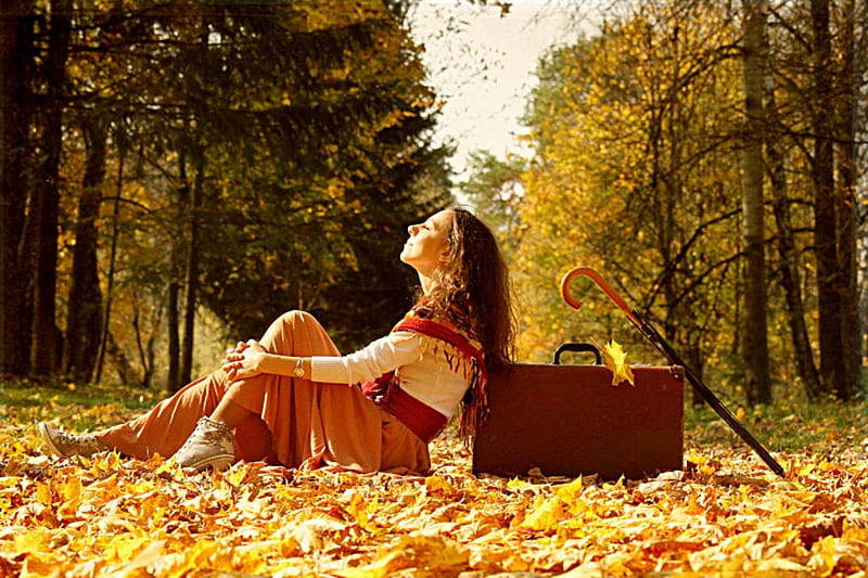 I love autumn, forest, fall, sunny day, wonderful, autumn, sun, umbrella, bonito, trees, sky, suitcase, leaves, girl, golden colors, nature, lady, HD wallpaper