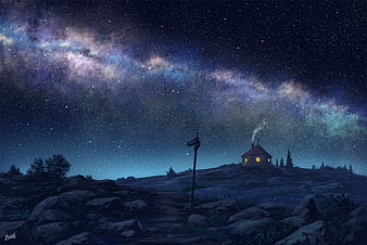 Starry Night Sky Moon Stars Anime Scenery 8K Wallpaper #6.2218