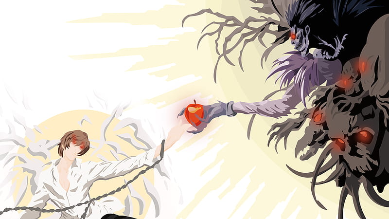 smiley brown hair glowing eyes kira light yagami with handlock and red eyes ryuk with apple death note anime, HD wallpaper