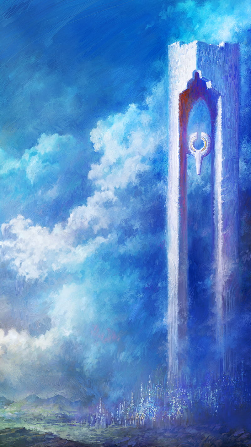 Fantasy Tower, blue, cloud, concept, fantasy, lord, painting, rings, tower, HD phone wallpaper