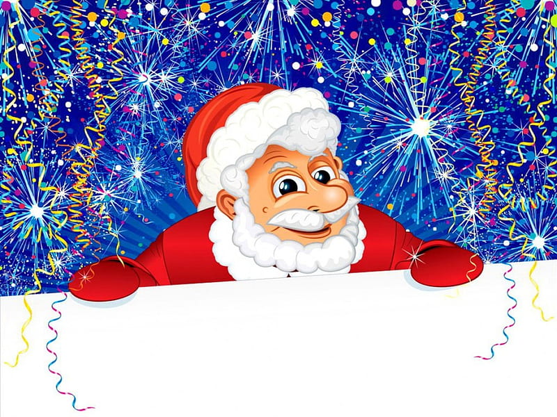 Cute Santa, bonito, santa claus, sweet, fireworks, stars, lovely, holiday, christmas, new year, joy, smiling, mood, winter, cute, snow, funny, gifts, HD wallpaper