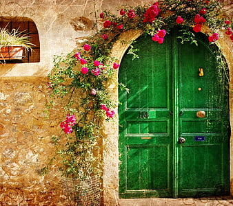 Entrance in England, door, flowers, front, home, house, steps, stone ...