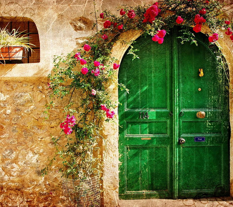 House Door, door, flowers, house, HD wallpaper