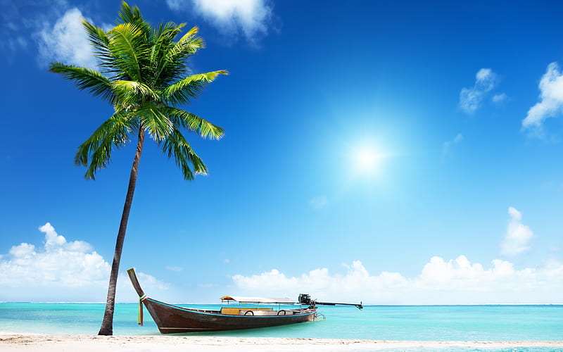 Tropical island, Thailand, ocean, beach, palm trees, boat, summer travels, HD wallpaper